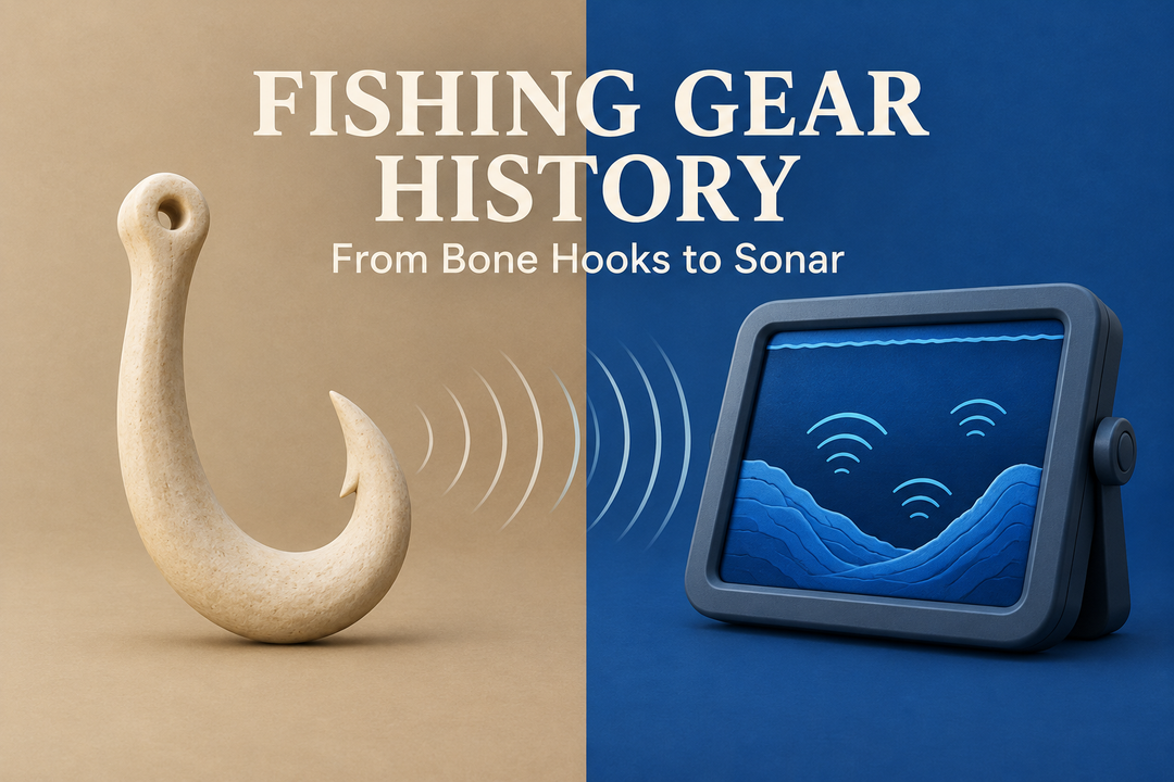 Fishing Gear History cover with a conceptual bone-style hook and sonar display on sandstone and cobalt backgrounds.