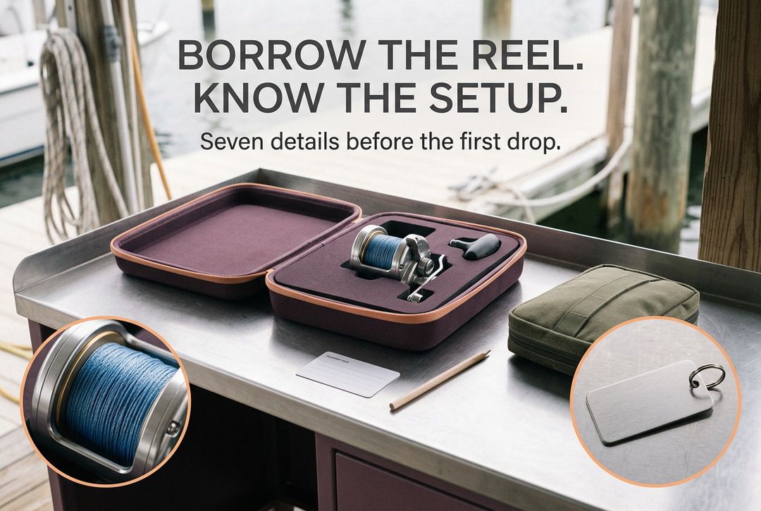 Conventional jigging reel in a fitted tray beside a blank equipment card at a marina, with the headline Borrow the Reel. Know the Setup.