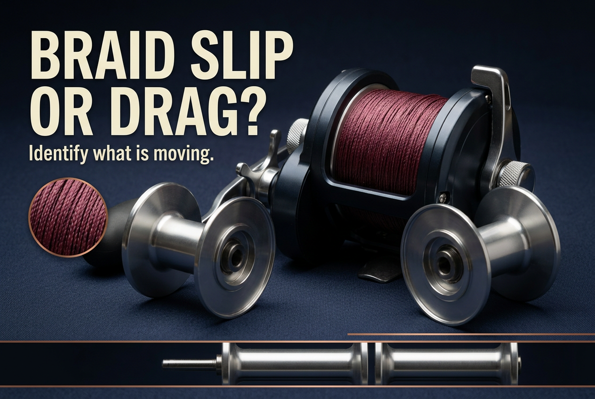 Generic braid-filled conventional reel and empty spare spools beneath the English headline Braid Slip or Drag?