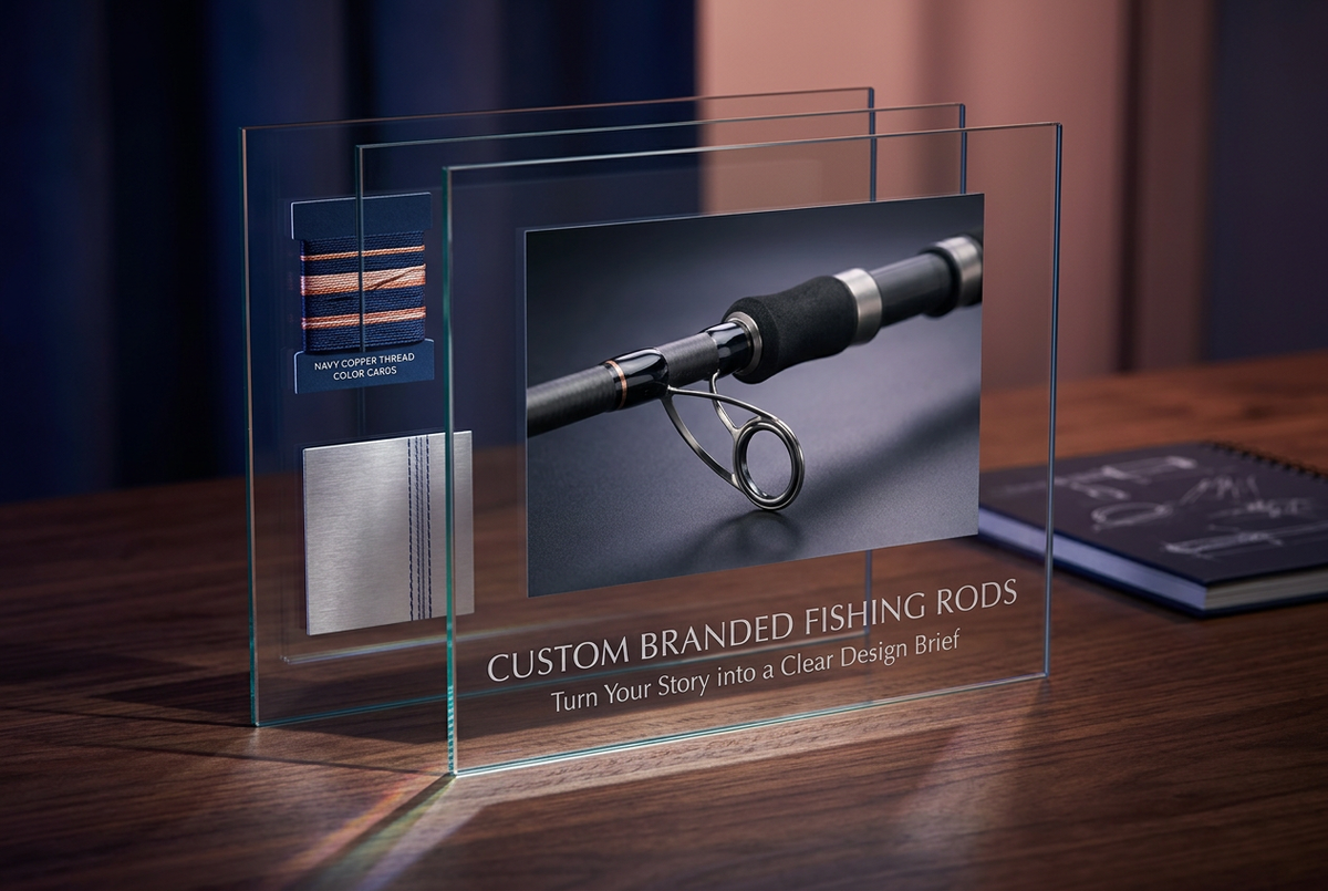 Custom Branded Fishing Rods photo-style concept cover with layered glass panels showing generic rod grip and guide, navy-copper thread swatches and a blank design tile on walnut.
