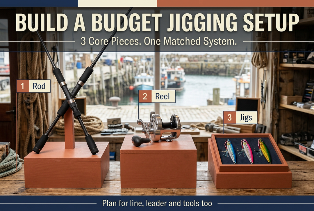 Jigging rods, a conventional reel and metal jigs on three display stands in a coastal tackle shop, with an English budget setup headline.