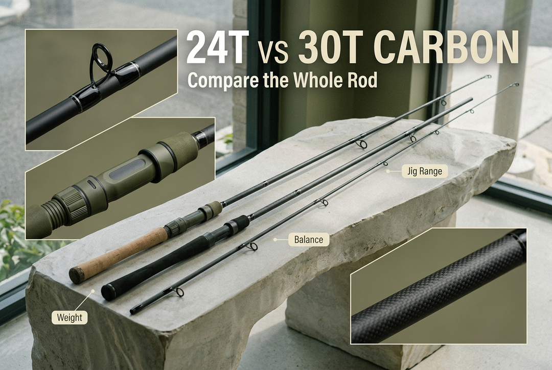 Fishing rods on a pale stone display with guide, reel-seat and blank detail insets beneath the headline 24T vs 30T Carbon: Compare the Whole Rod.