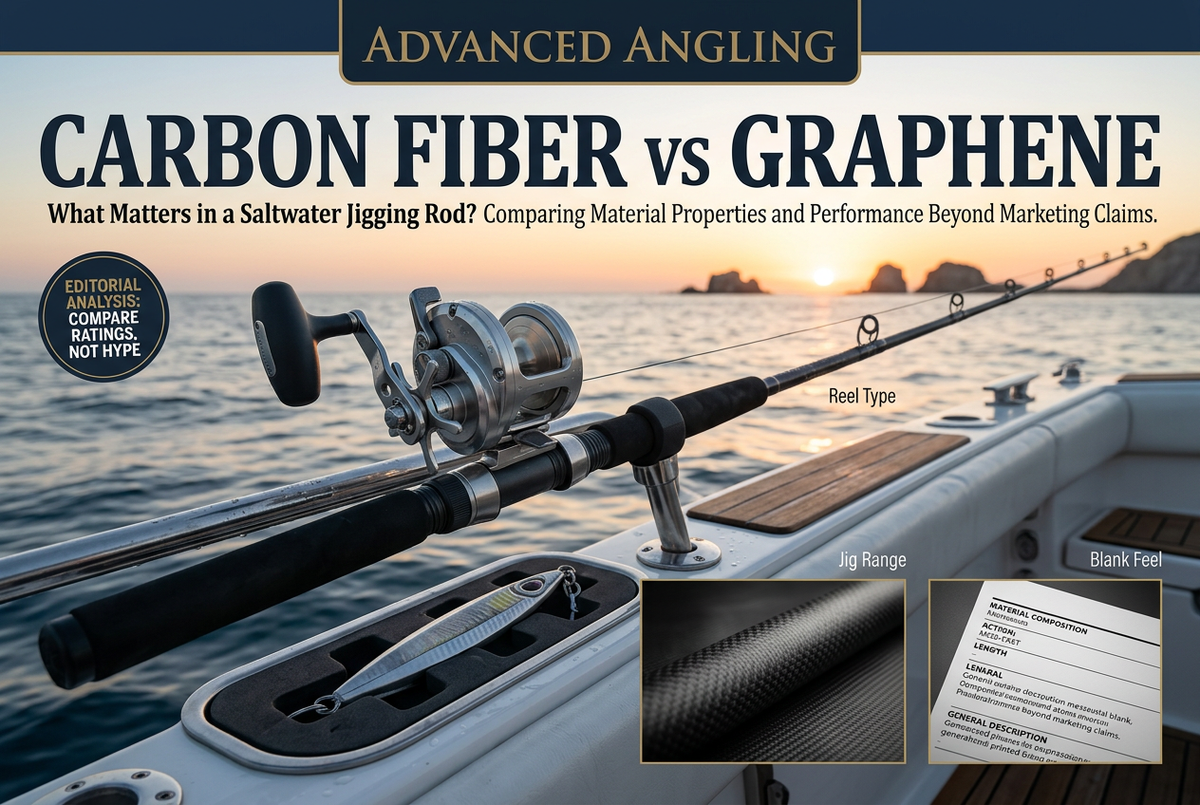 Photo-style carbon fiber versus graphene editorial cover showing a jigging outfit on a boat rail at sunrise, with illustrative blank-texture and specification-card insets.