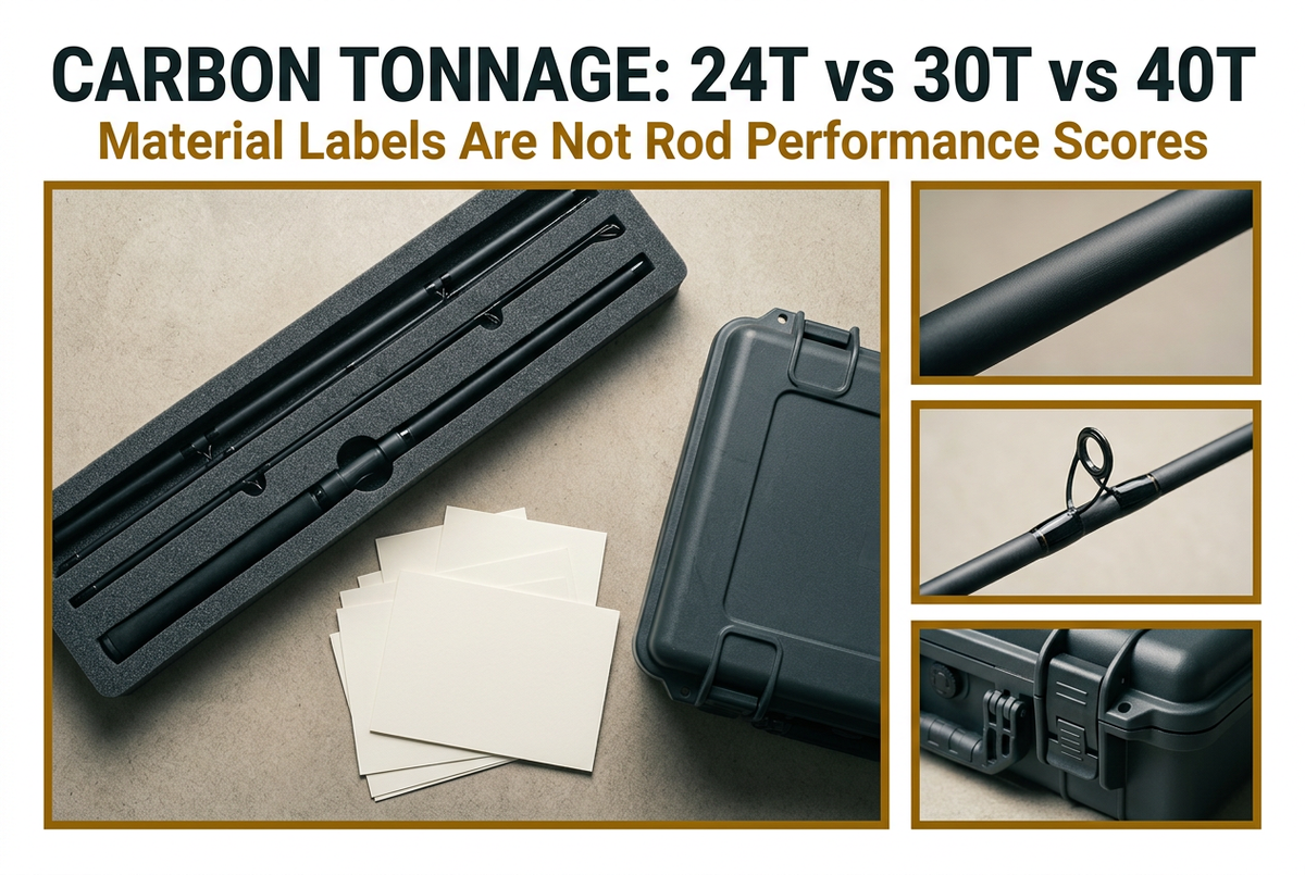 Carbon Tonnage 24T vs 30T vs 40T cover with generic protected rod sections, blank cards and closed case beside rectangular surface, guide and case-latch photo panels.