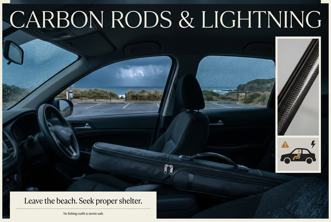 Photographic-style view inside a closed car facing a stormy coast, with a rod case and carbon-texture inset under Carbon Rods and Lightning.