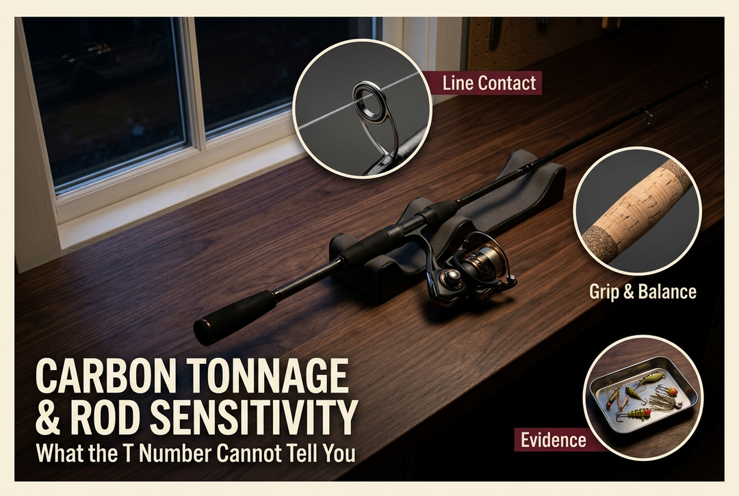 Fishing rod and reel on a dark wooden table with guide, grip and tackle insets beneath the headline Carbon Tonnage and Rod Sensitivity.