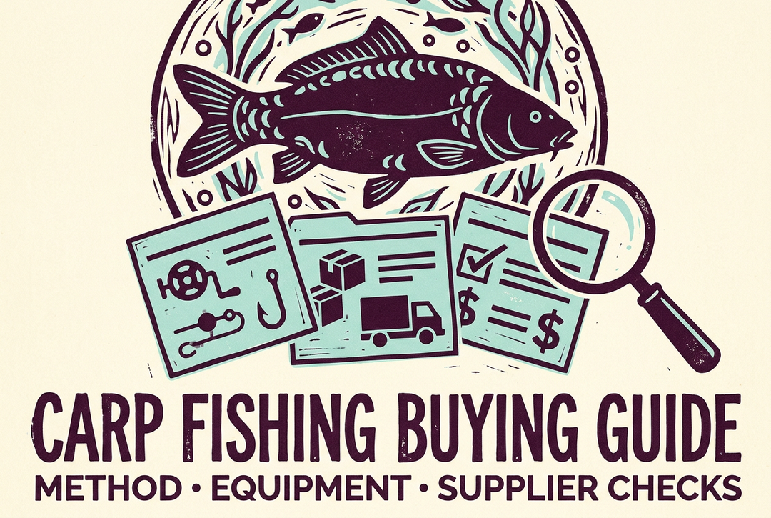 Plum, aqua and ivory linocut-style carp silhouette with inventory cards and a magnifying glass beneath Carp Fishing Buying Guide: Method, Equipment, Supplier Checks.