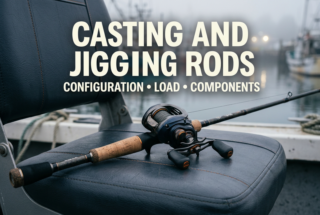 Photorealistic generated harbour scene with a generic overhead reel and rod on a boat seat, reading Casting and Jigging Rods: Configuration, Load, Components.