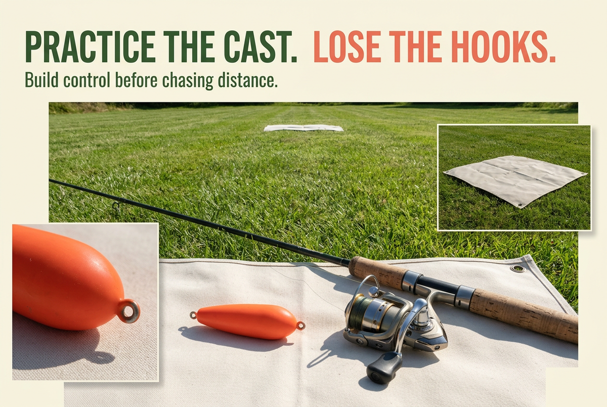 Hookless orange practice plug, spinning outfit and flat grass target beneath the English headline Practice the Cast. Lose the Hooks.