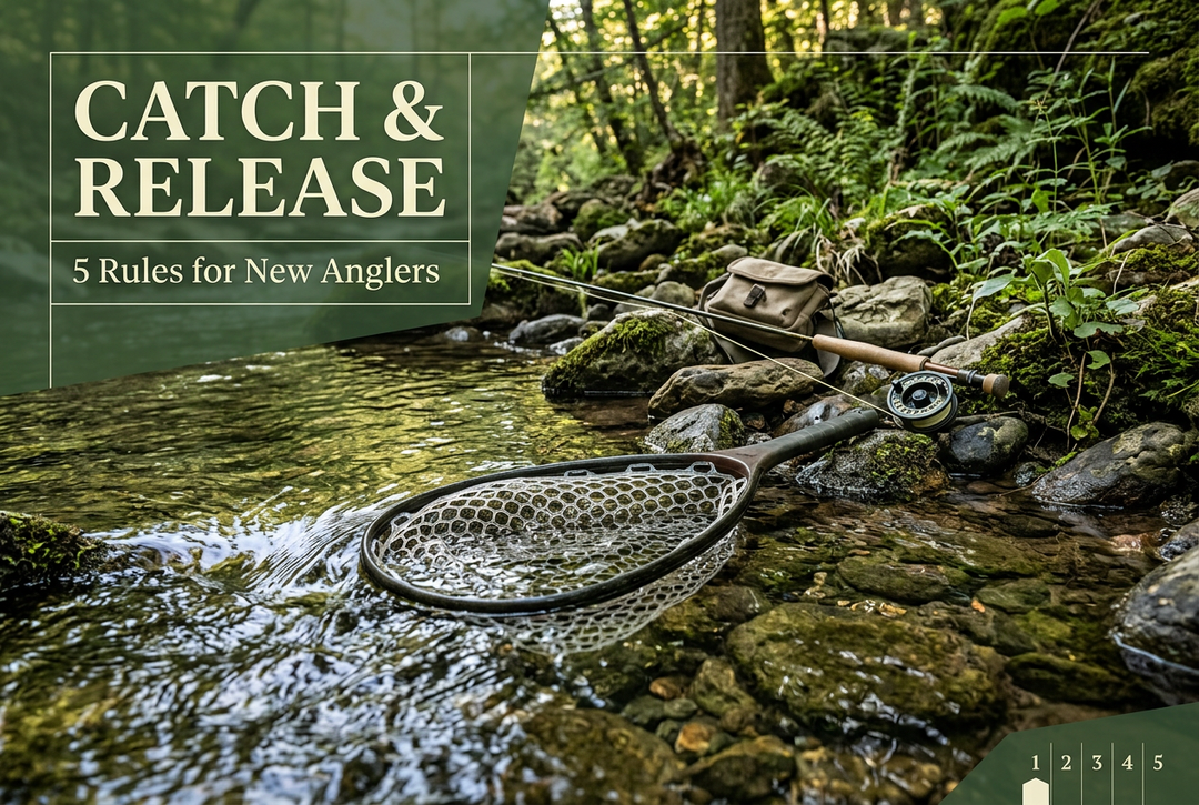 Catch and Release: 5 Rules for New Anglers cover showing a landing net partly submerged in a woodland stream beside a fishing rod.