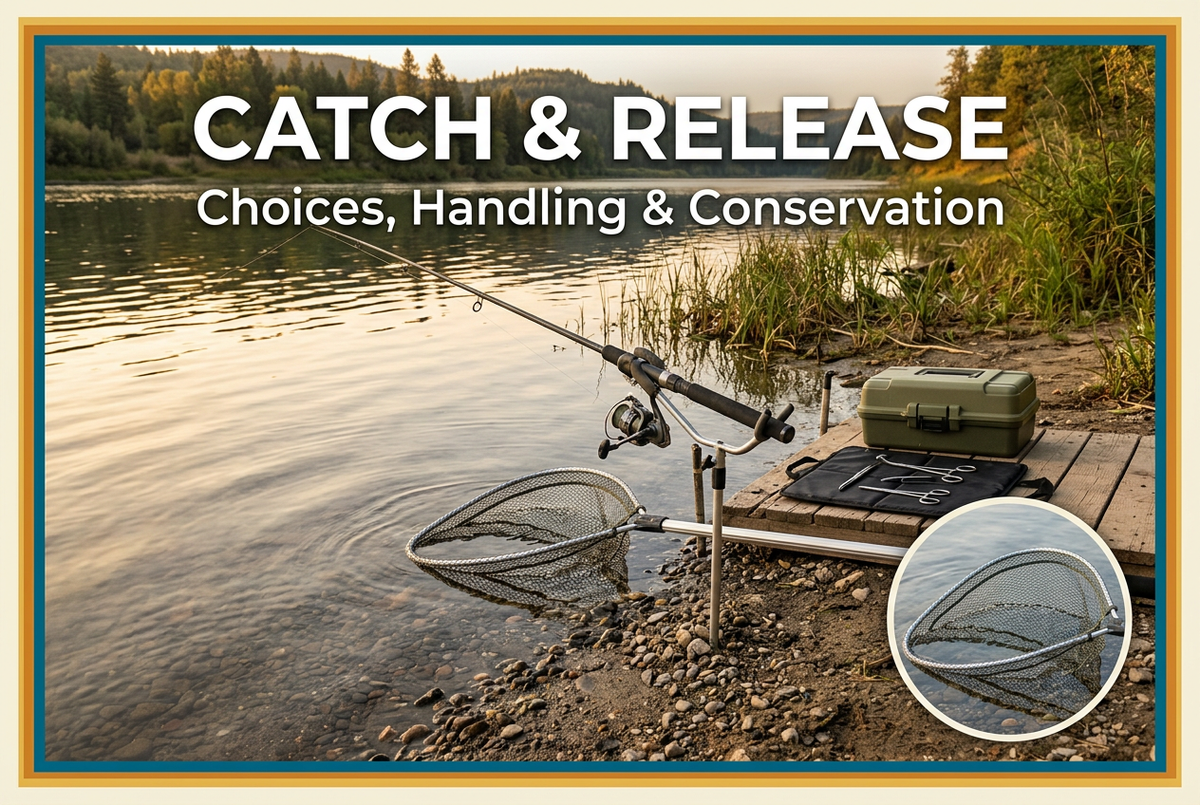 Catch and Release cover showing an empty generic landing net beside water, a supported rod, closed tackle box and tools on a platform, with a net-detail inset.