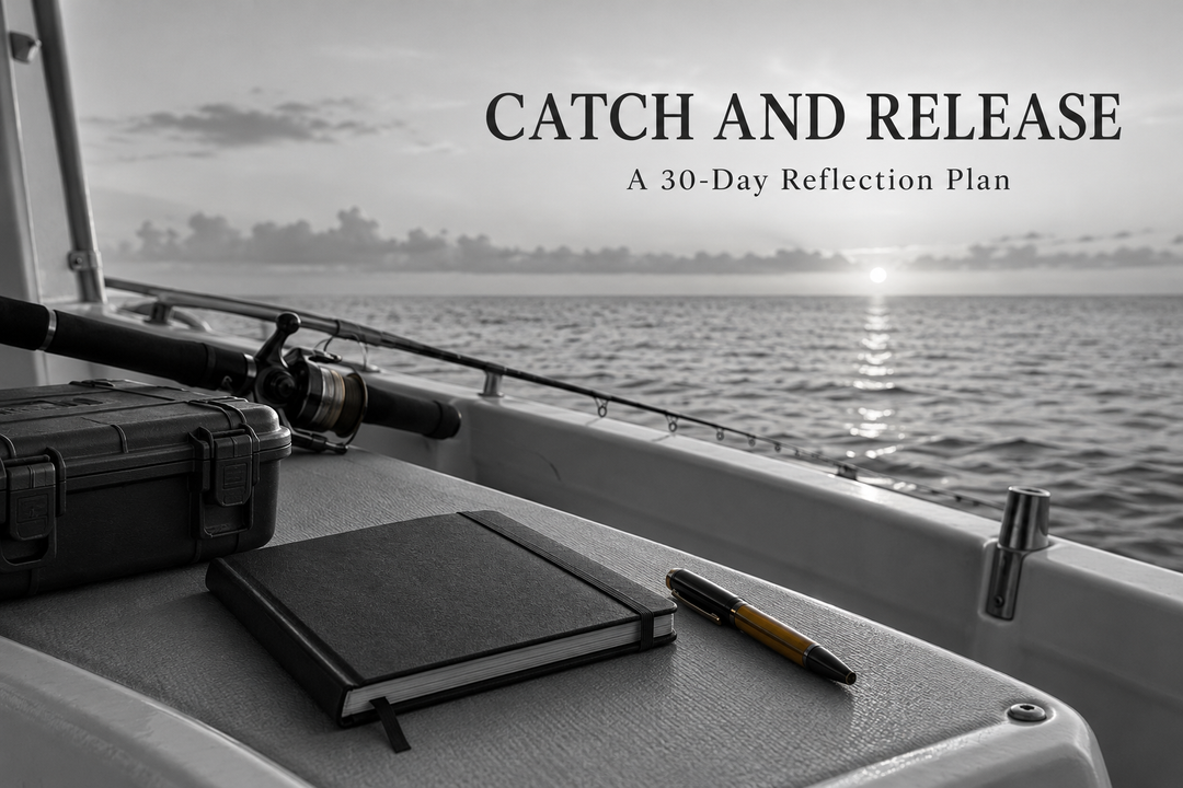 Catch and Release cover with a closed fishing journal, pen, stowed rod and tackle case on a boat deck at dawn.