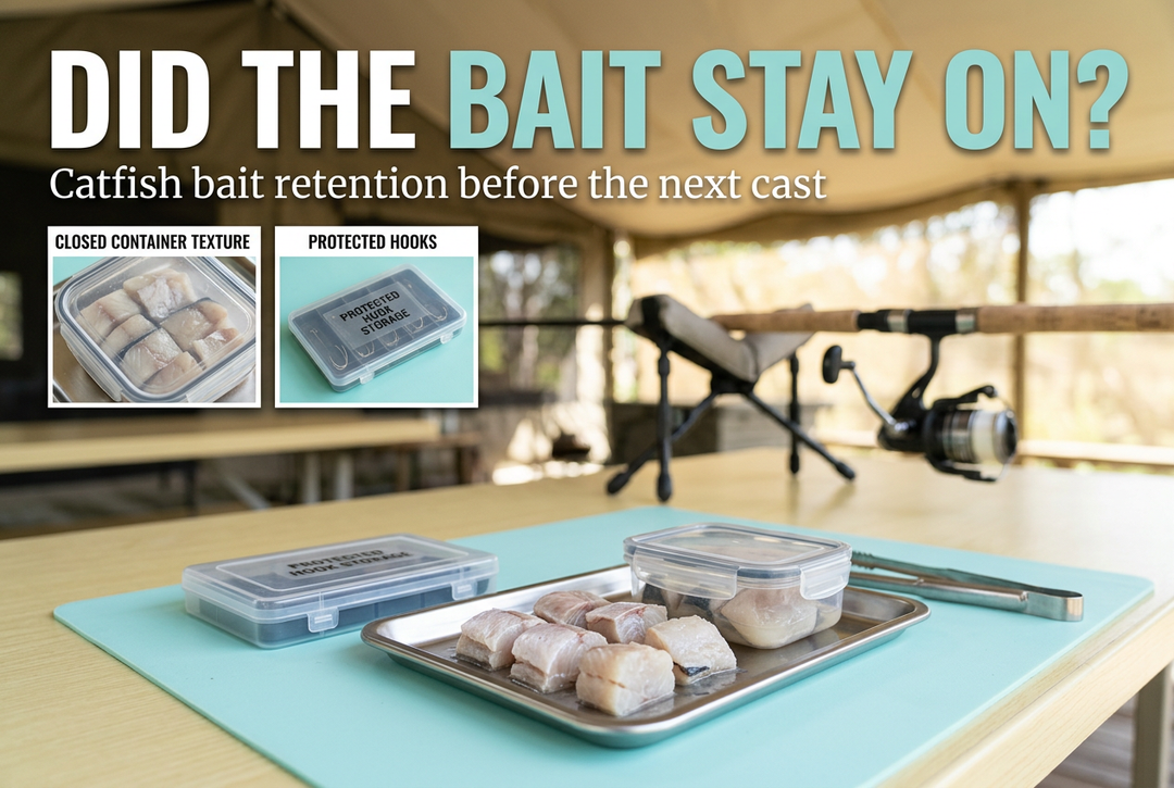 Cut-bait portions, a closed bait container, protected hook storage and tongs on a preparation table under Did the Bait Stay On?