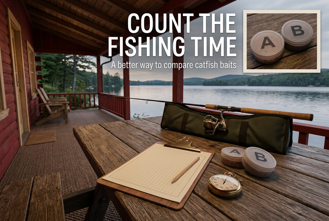 Blank clipboard, stopwatch and bait containers labeled A and B beside a supported rod on a cabin porch under Count the Fishing Time.