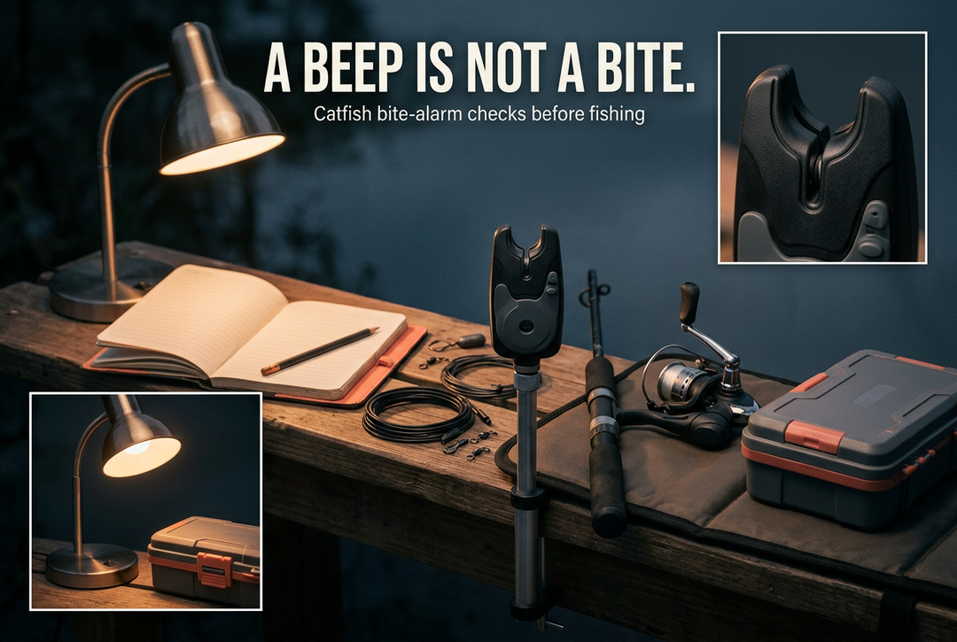 Electronic fishing alarm beside an unloaded rod, reel, notebook and tackle box under a task lamp, with A Beep Is Not a Bite headline.