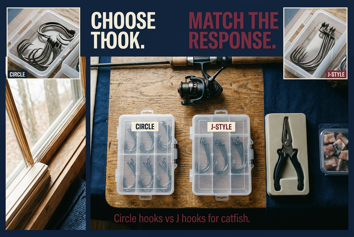 Fishing cabin workbench with separate Circle and J-Style tackle boxes, a rod and reel, pliers and cut bait beneath Choose the Hook. Match the Response.
