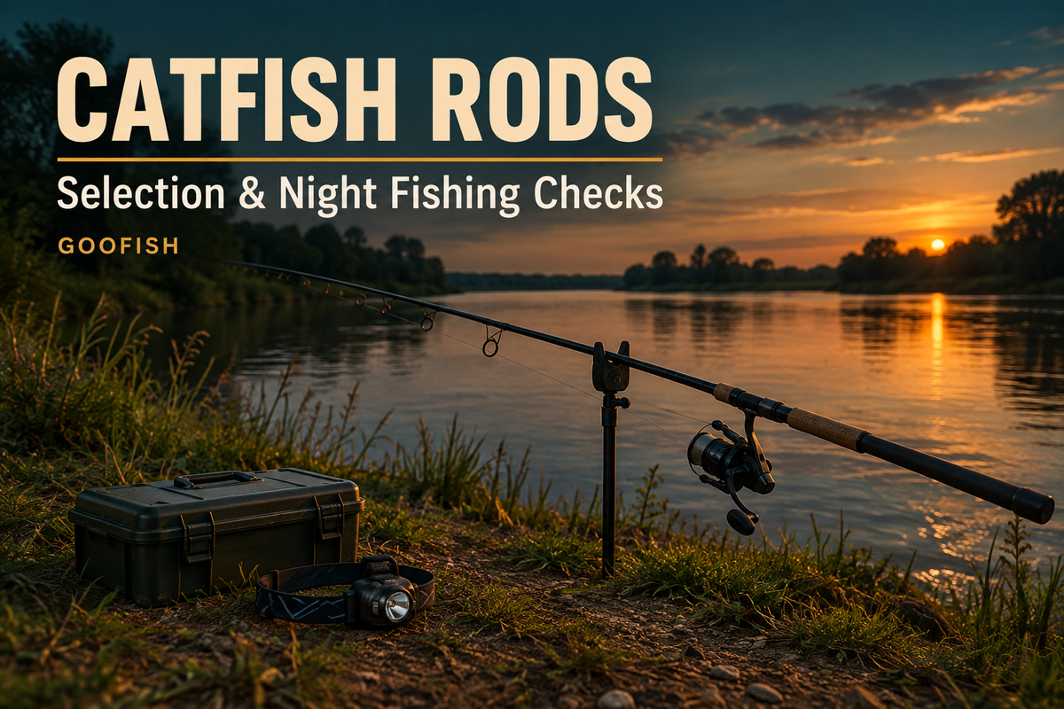 Catfish Rods guide cover showing a generic spinning setup on a holder, tackle box and headlamp beside a river at dusk