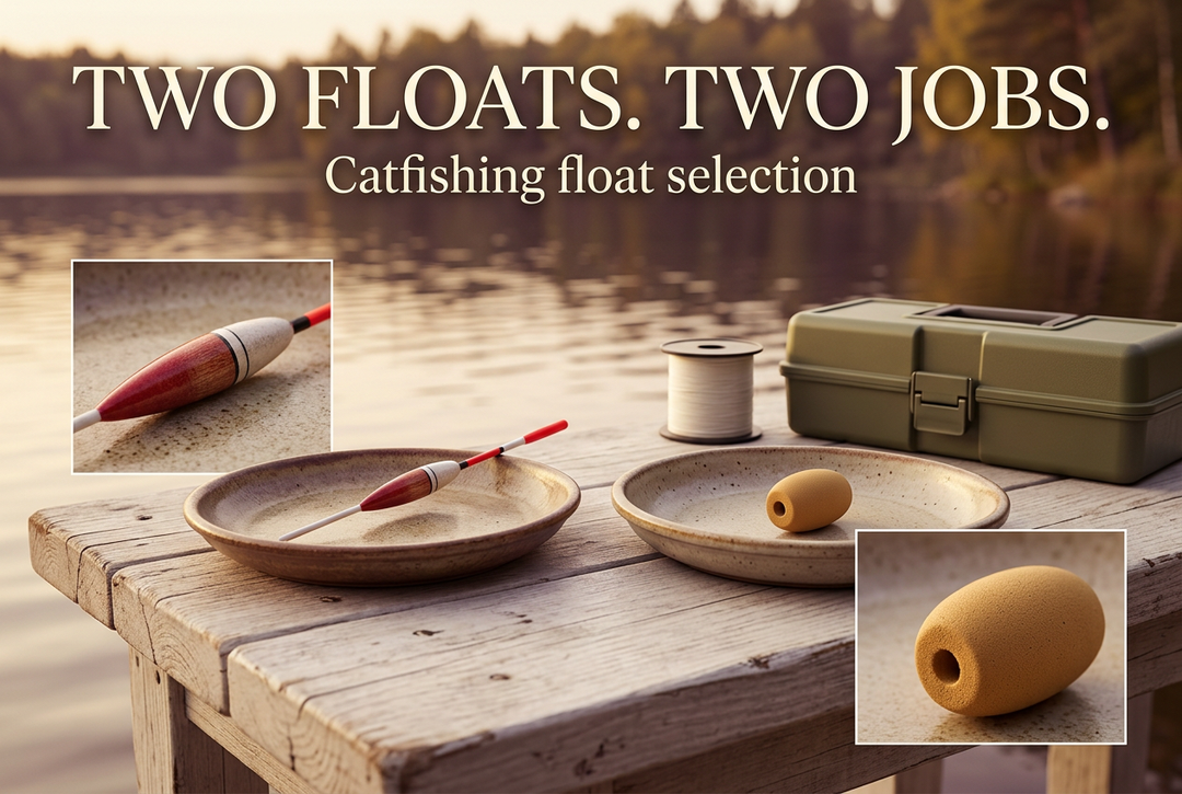 Separate stem float and small inline foam float on ceramic dishes beside a lake, with detail insets beneath Two Floats. Two Jobs.