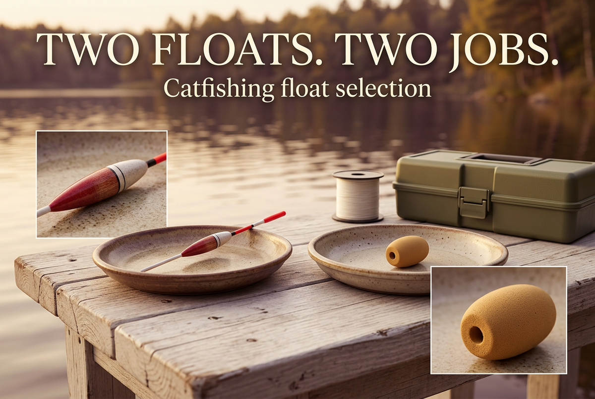 Separate stem float and small inline foam float on ceramic dishes beside a lake, with detail insets beneath Two Floats. Two Jobs.