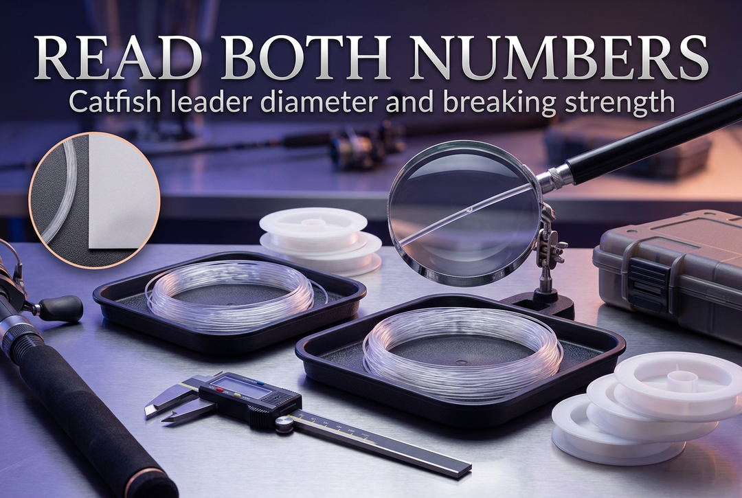 Clear leader coils, blank spools, a magnifying lens and a caliper on a silver inspection bench under Read Both Numbers.