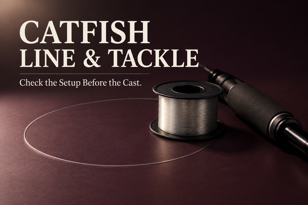 Catfish Line and Tackle English cover with a generic line spool, a curved strand of line and a rod grip on a dark plum tabletop.