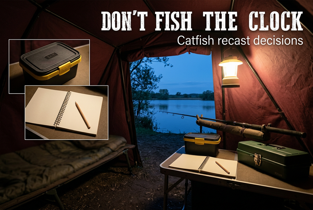 Warmly lit burgundy fishing shelter with closed bait container, notebook and supported rod overlooking a blue-hour lake beneath Don't Fish the Clock.