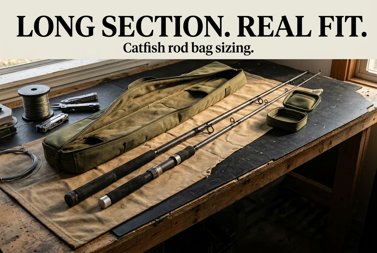 Rod components beside an open tan bag on a workshop bench beneath Long Section. Real Fit. and Catfish Rod Bag Sizing.