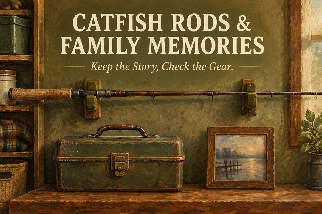 Catfish Rods and Family Memories English cover in a warm painterly style showing a stored generic rod, closed tackle box and framed waterside scene.