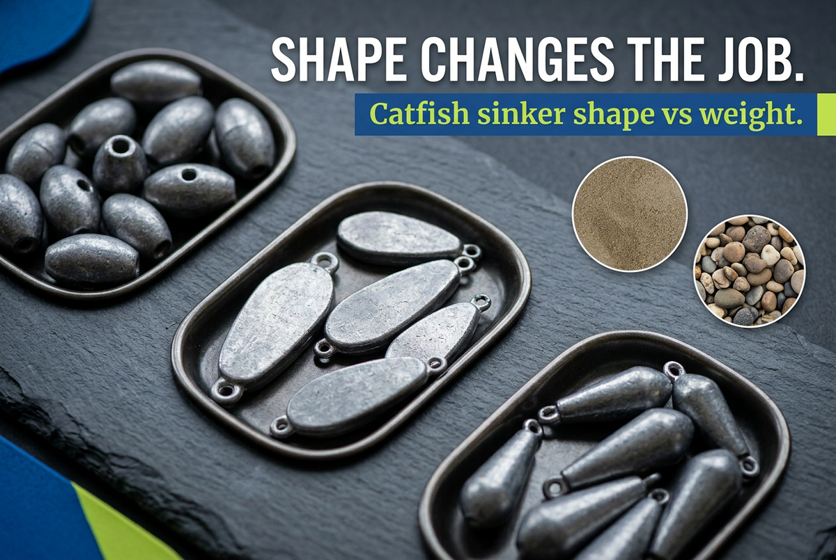 Separate trays of rounded, flattened and tapered fishing weights on slate beside sand and stone insets, under Shape Changes the Job.