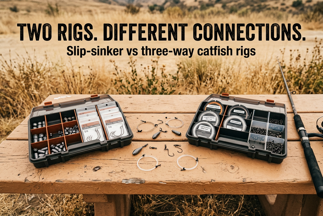 Two open tackle organizers with sinkers, leader coils and hook packets on an outdoor preparation table under Two Rigs. Different Connections.