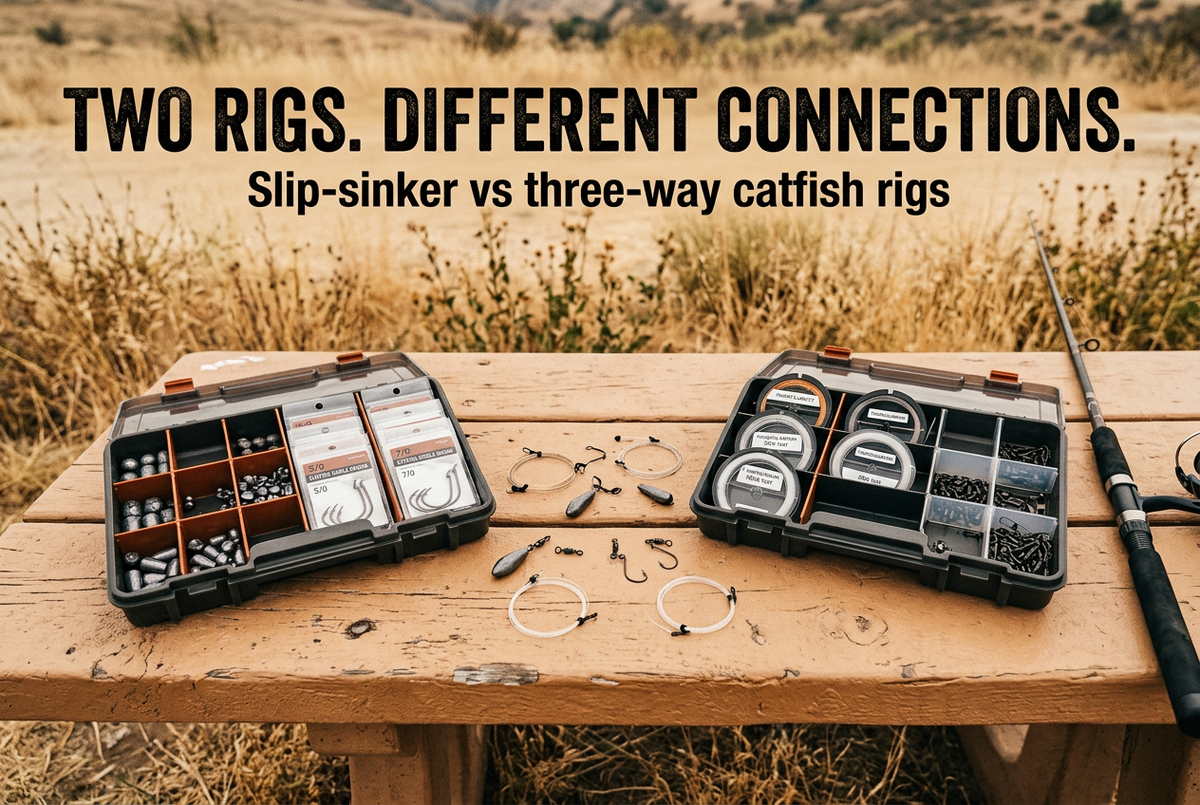Two open tackle organizers with sinkers, leader coils and hook packets on an outdoor preparation table under Two Rigs. Different Connections.