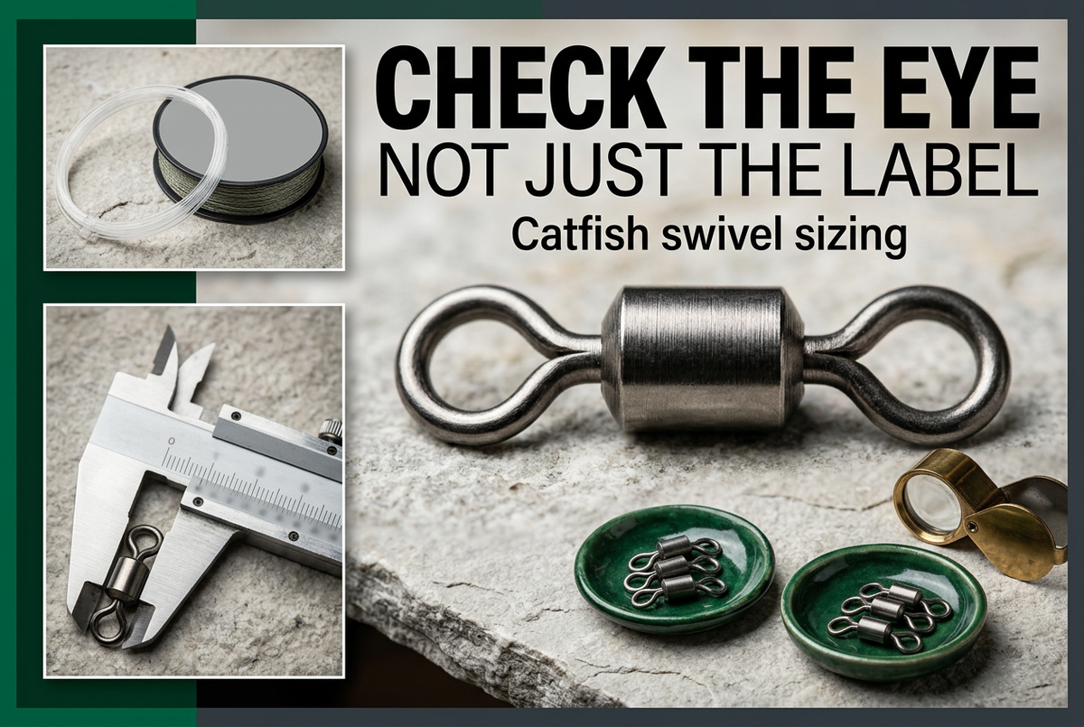 Macro barrel swivel on pale stone with green component dishes, line and caliper insets beneath Check the Eye. Not Just the Label.