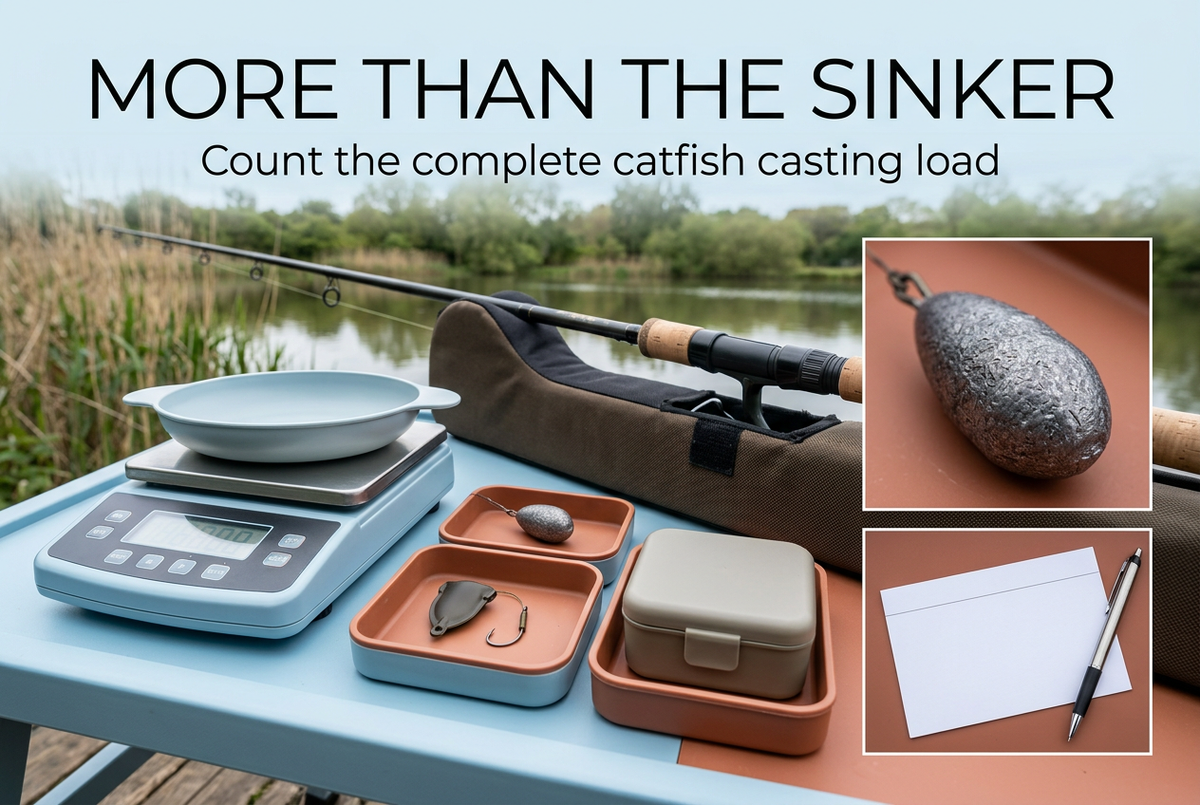 Scale with a shallow dish, separate tackle trays and a supported fishing rod beside a lake, under More Than the Sinker.
