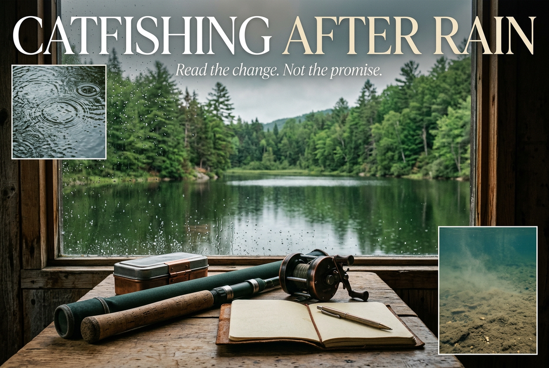 Rod, reel, tackle box and open notebook beside a rain-speckled cabin window overlooking a lake, under Catfishing After Rain.