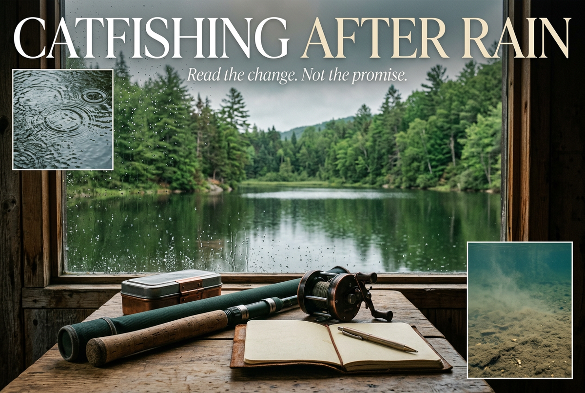 Rod, reel, tackle box and open notebook beside a rain-speckled cabin window overlooking a lake, under Catfishing After Rain.