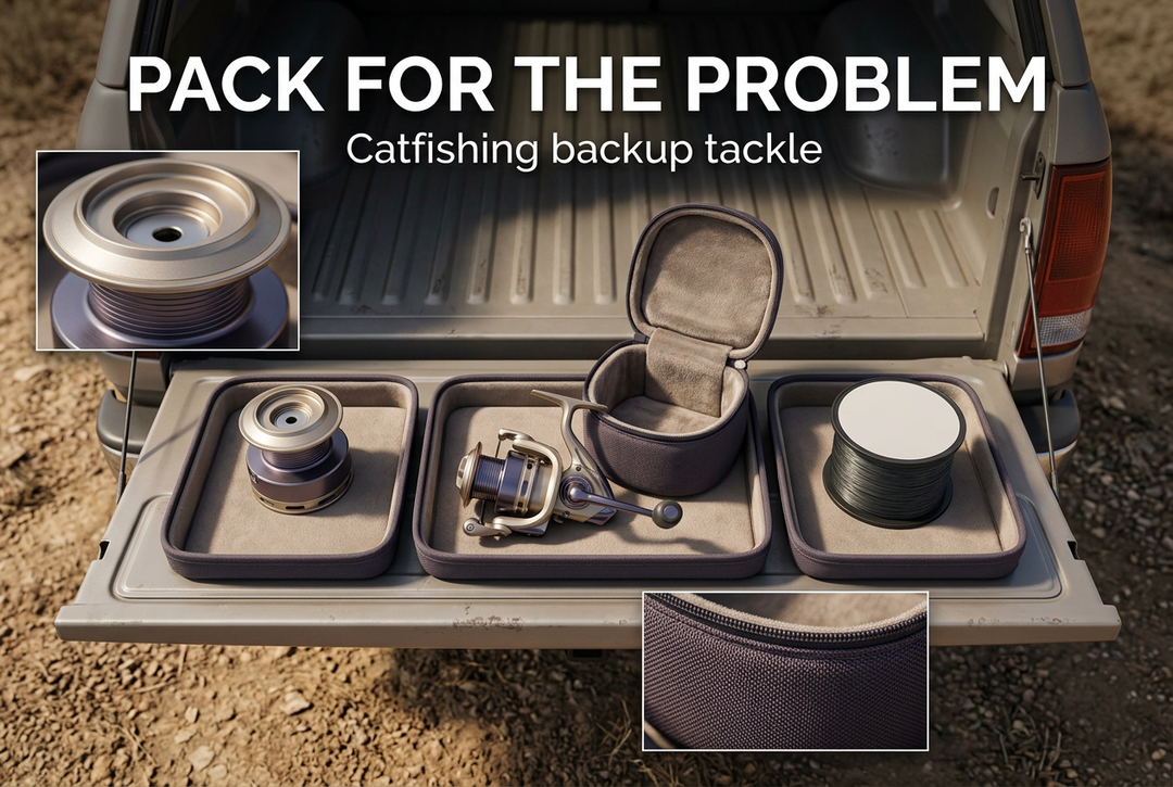 Separate spare spool, complete spinning reel with padded case and bulk line spool on a vehicle-tailgate packing station beneath Pack for the Problem.