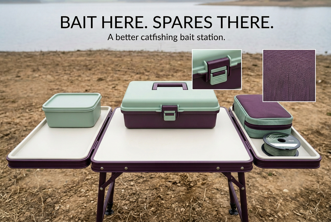 Sage and purple containers, separate trays, reel case and line spool on a lakeside table beneath Bait Here. Spares There.