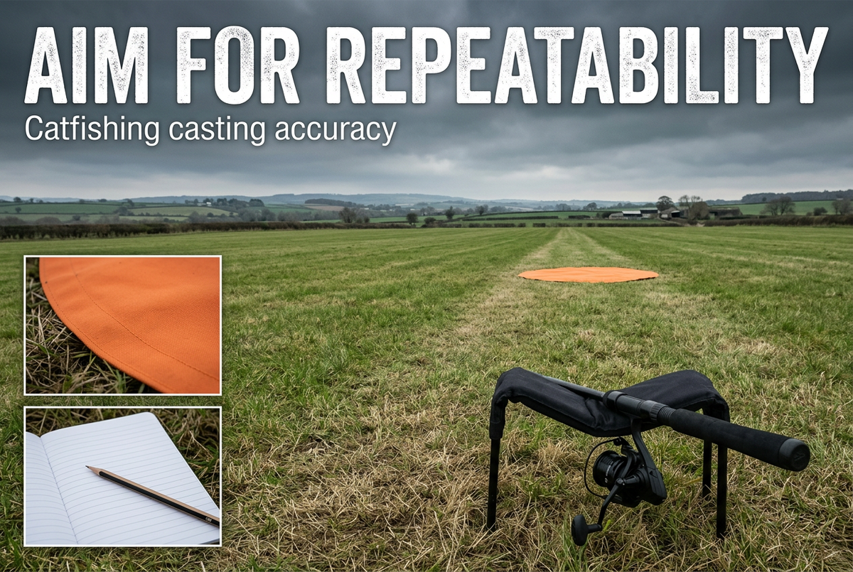 Empty grass practice field with an orange target area, unloaded rod and reel, and notebook insets beneath Aim for Repeatability.