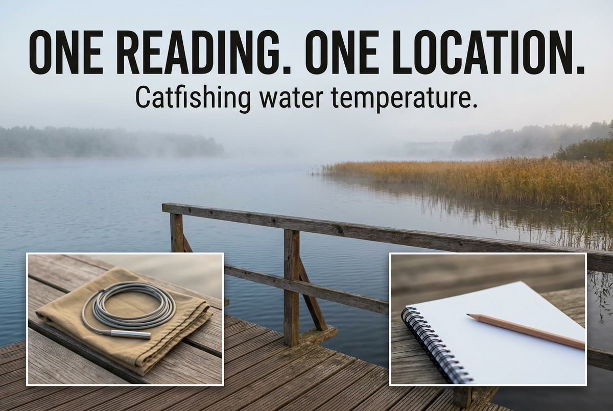 Misty lake and golden reeds viewed from a wooden dock, with probe and notebook photo insets beneath One Reading. One Location.