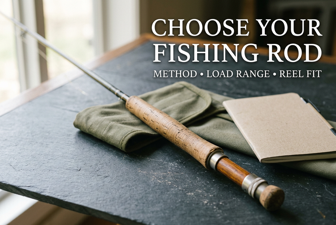Photorealistic generated scene of a generic cork-grip rod, canvas case and notebook on a slate table, with Choose Your Fishing Rod: Method, Load Range, Reel Fit.