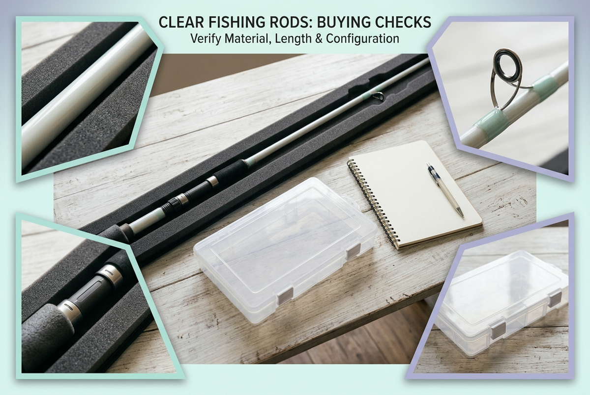 Clear Fishing Rods Buying Checks cover with generic opaque protected rod sections, notebook and transparent storage box surrounded by trapezoid surface, guide, fitting and box photo panels.