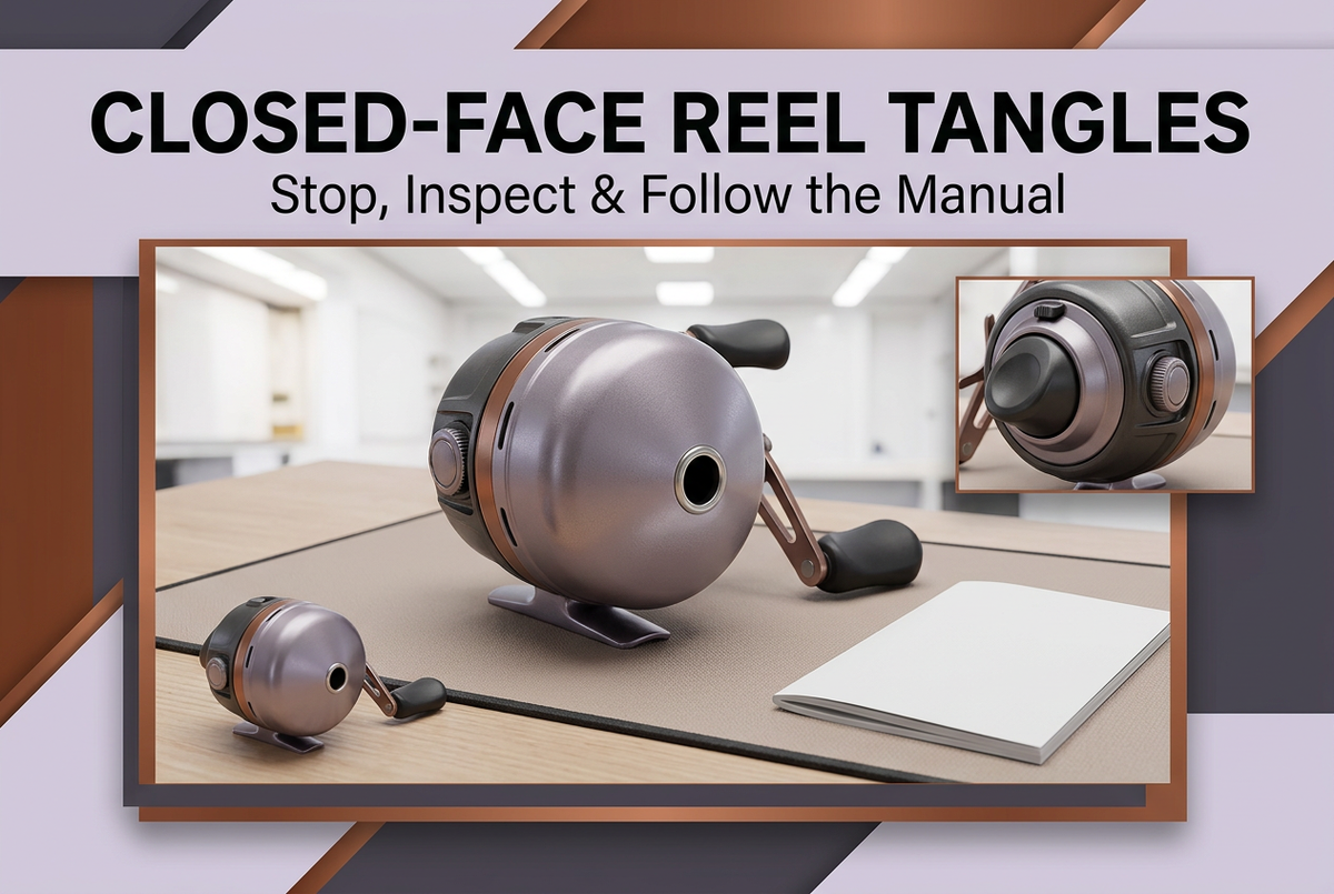Closed-Face Reel Tangles cover showing generic intact spincast reels beside a blank booklet, with a rear-control detail inset and lavender and copper framing.