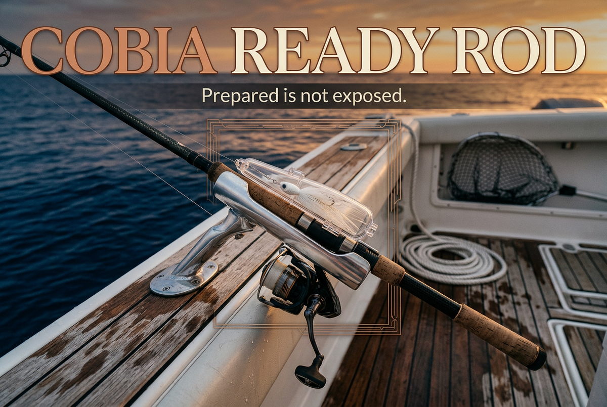 Standby spinning rod secured beside a boat gunwale with a lure enclosed in a protective cover, against a sunrise sea.