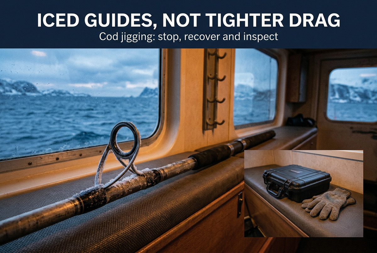 Frosted rod guide on a padded boat-cabin bench beside a cold sea view, with tackle and glove inset, headed Iced Guides, Not Tighter Drag.