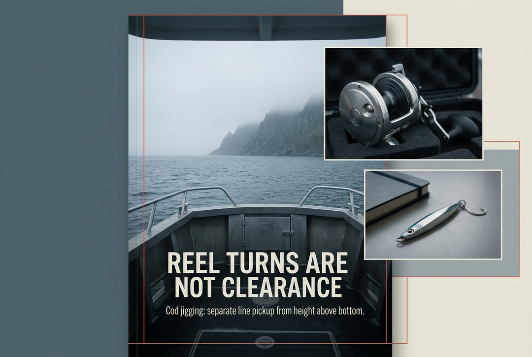 Foggy sea from an empty boat with inset reel and metal jig photographs, headed Reel Turns Are Not Clearance