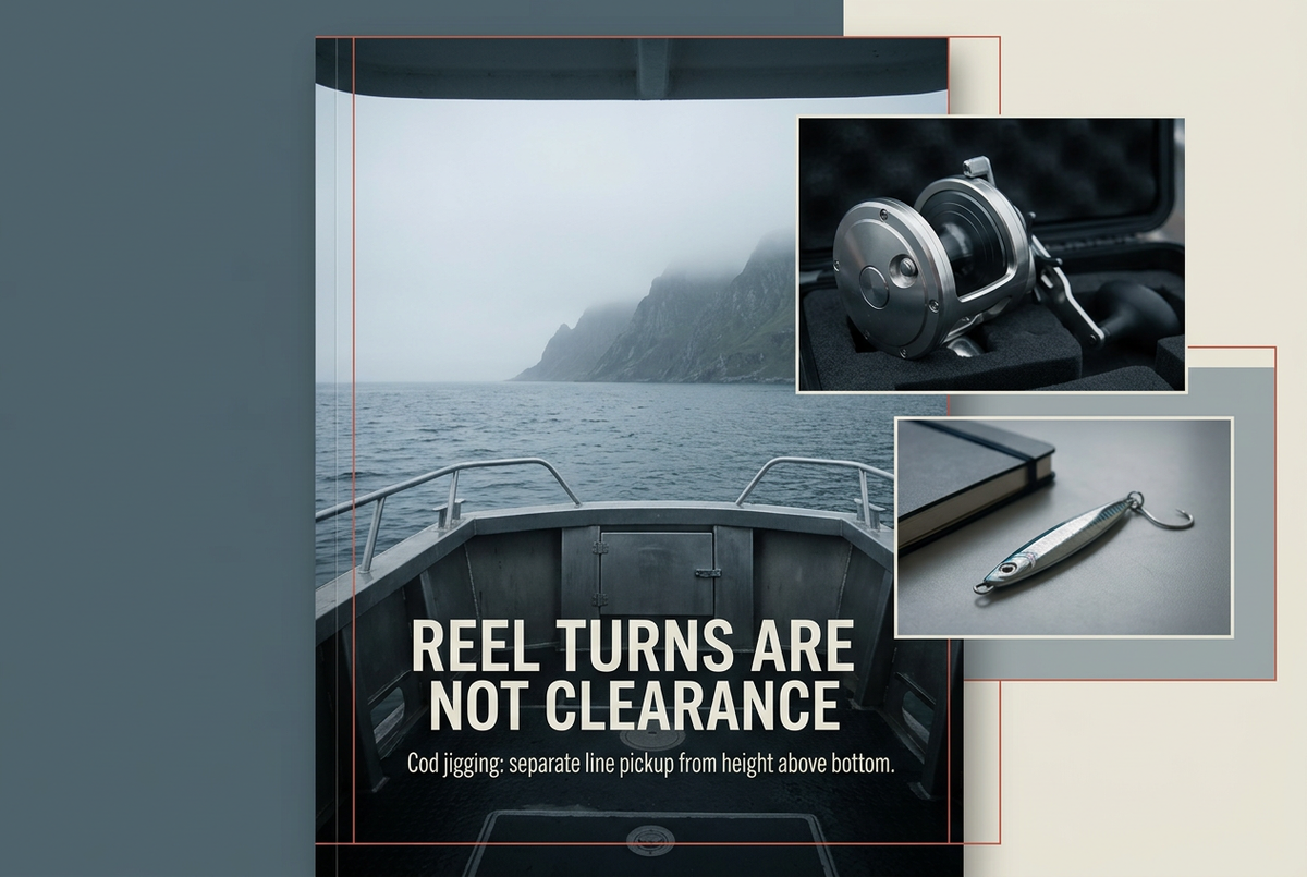 Foggy sea from an empty boat with inset reel and metal jig photographs, headed Reel Turns Are Not Clearance