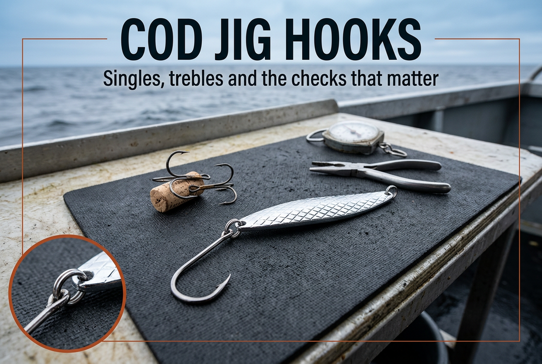 Single hook attached to a silver metal jig on a boat work mat, with a separate treble hook, pliers and a connection close-up.