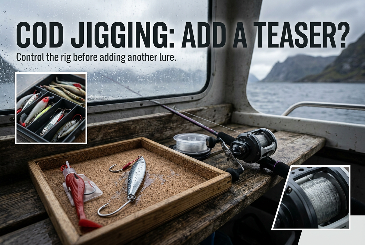 Silver jig, red soft-plastic teaser and conventional reel on a sheltered boat workbench beneath the title Cod Jigging: Add a Teaser?