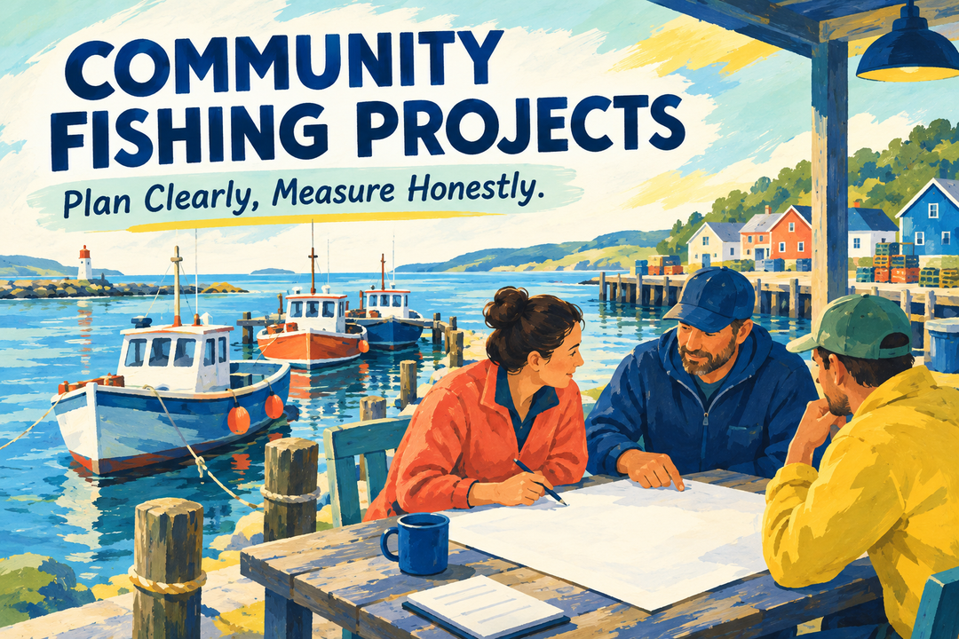 Community Fishing Projects English cover showing a conceptual coastal harbor and three adults discussing a plan in a colorful gouache style.