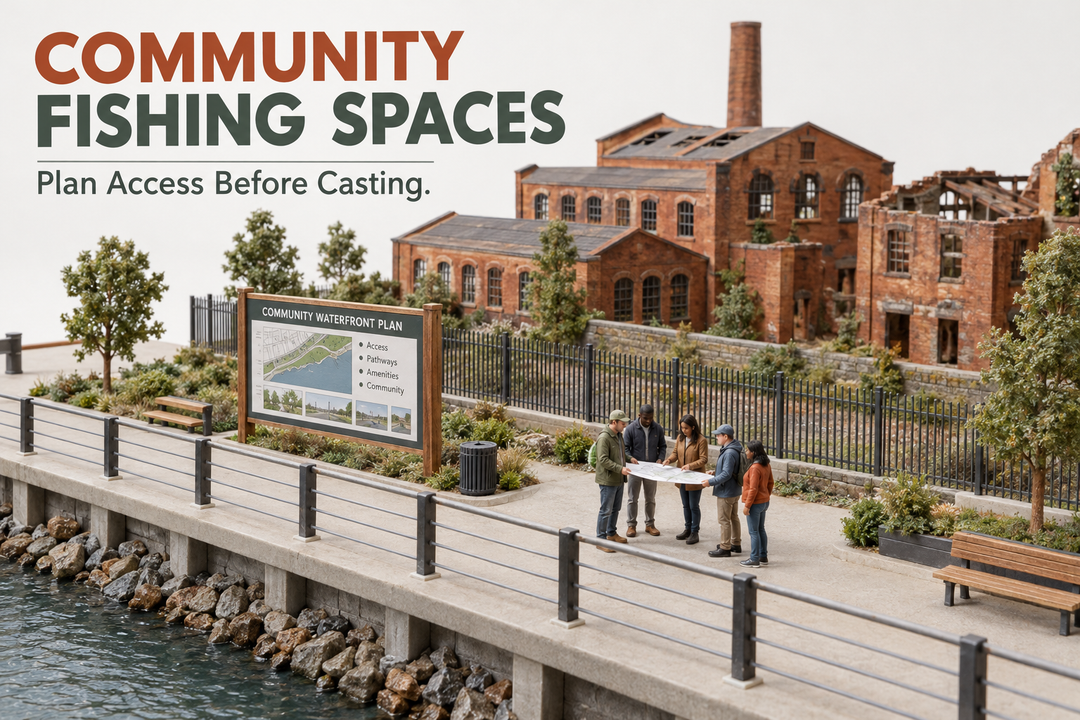 Community Fishing Spaces English cover showing a conceptual waterfront model with a railed walkway, a fenced industrial backdrop and people discussing a plan.